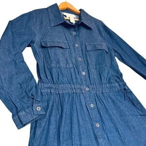 Jumpsuit Women Denim Utility Button Front Comfort Cinch Waist Sz 12 Wide Leg NWT